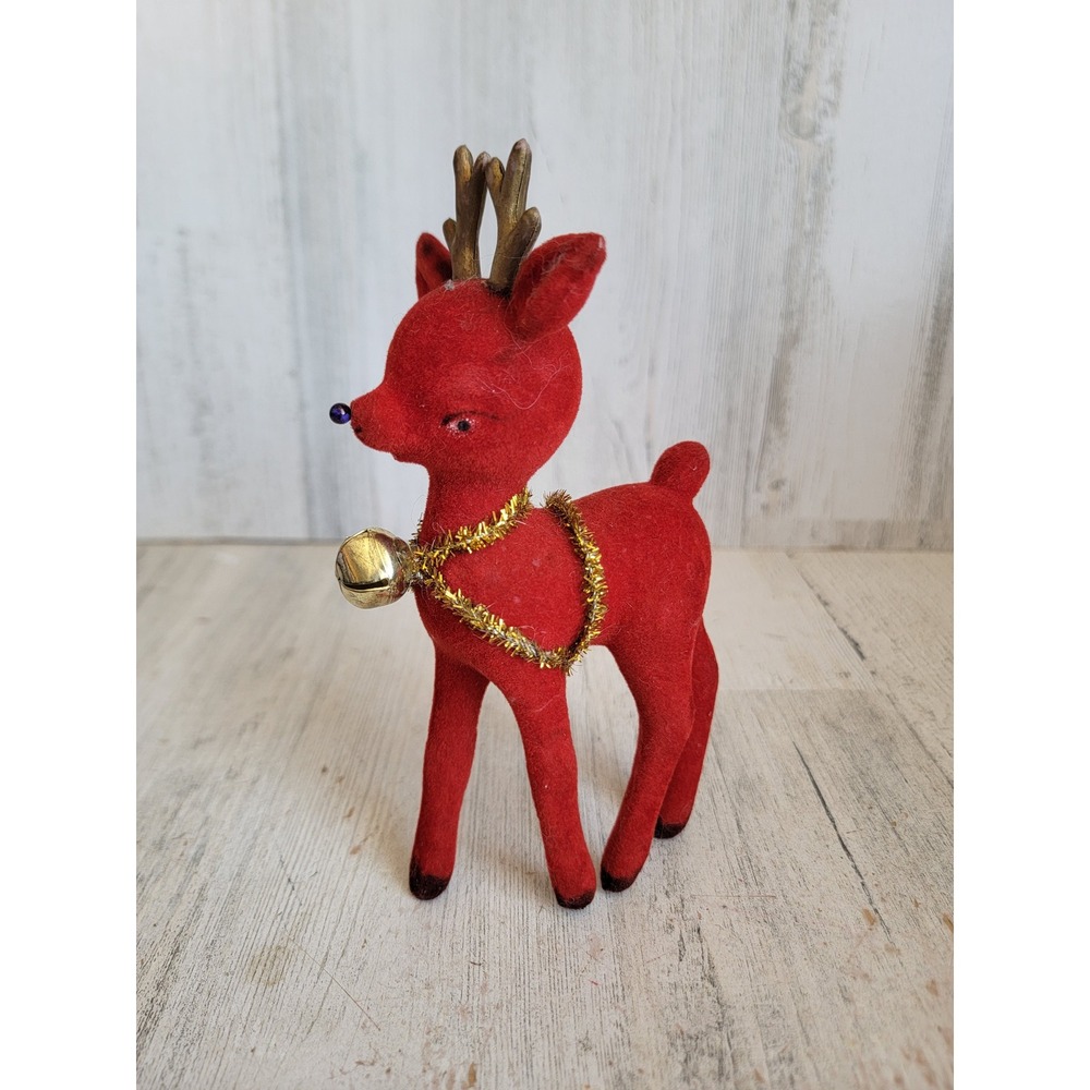 Vintage red velvet reindeer tinsel Bell Xmas deer Unique Home decor figure